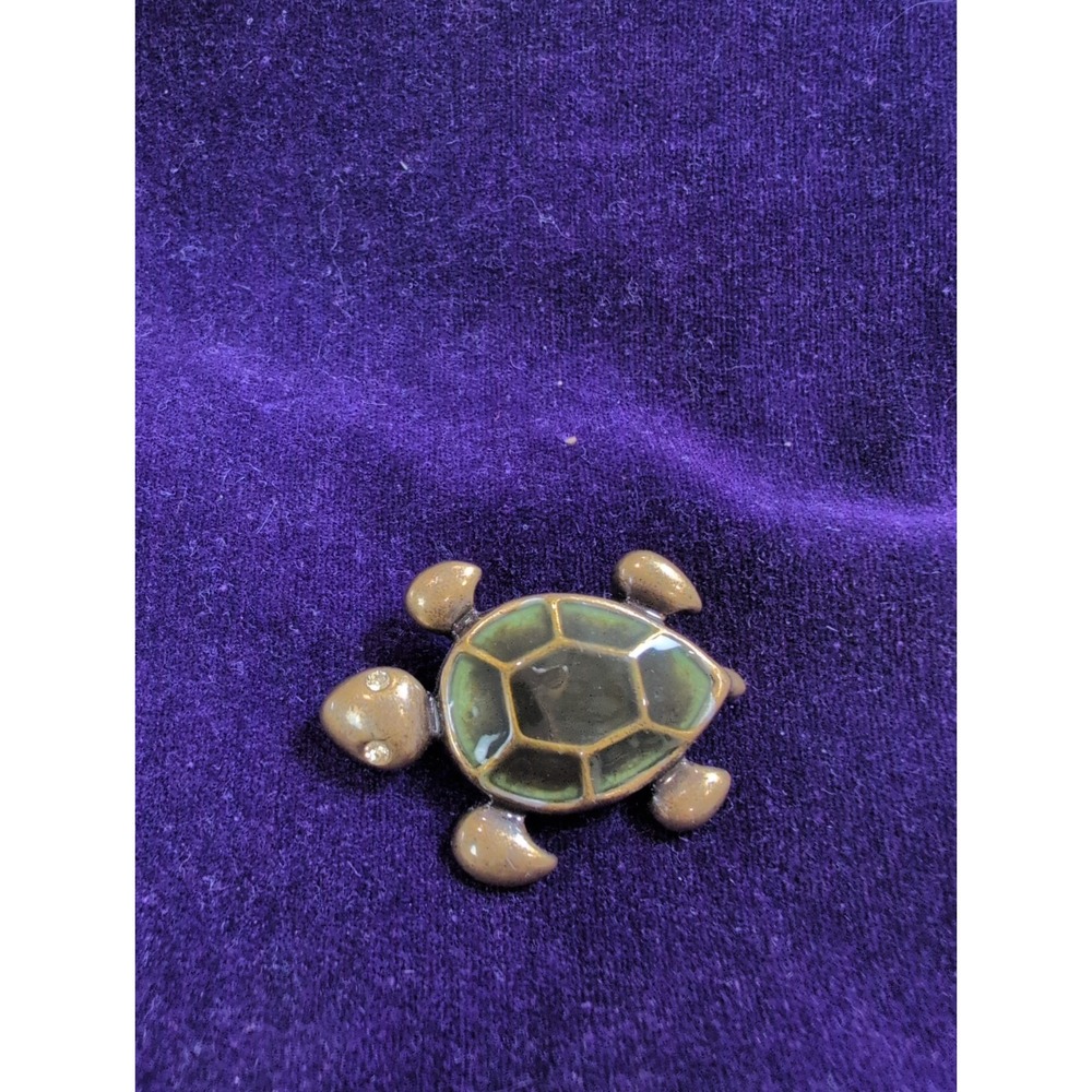 Vintage turtle brooch pin jewelry bronzed green gold enamel tortoise Rhinestone
